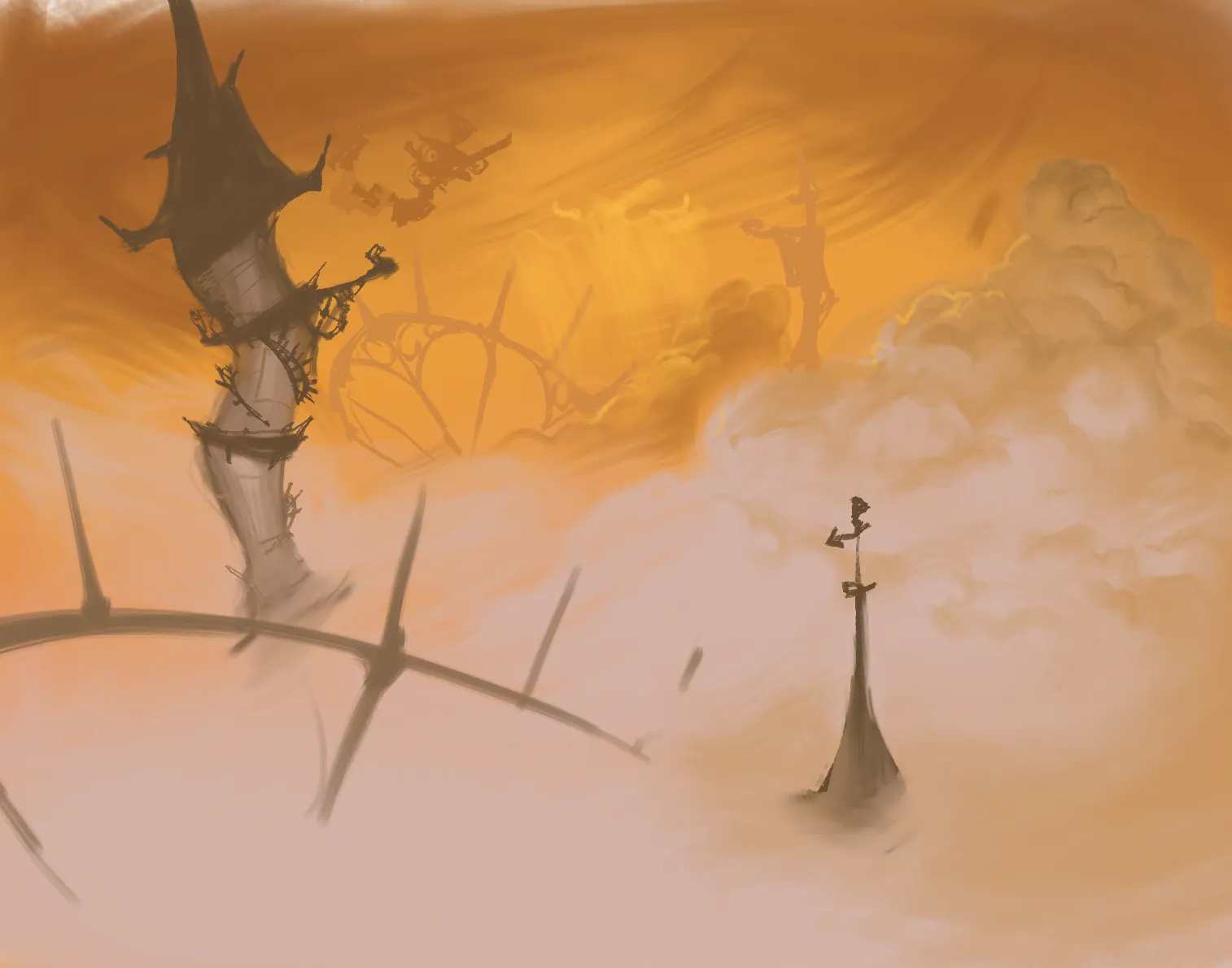 An orangish cloudy skyline with weirdly shaped towers poking out of it, and an airship in the distance